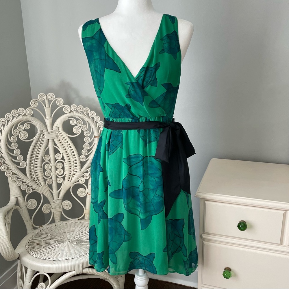 Anthropologie Moulinette Soeurs Green Sea Turtle 100% Silk Midi Dress, Size 6